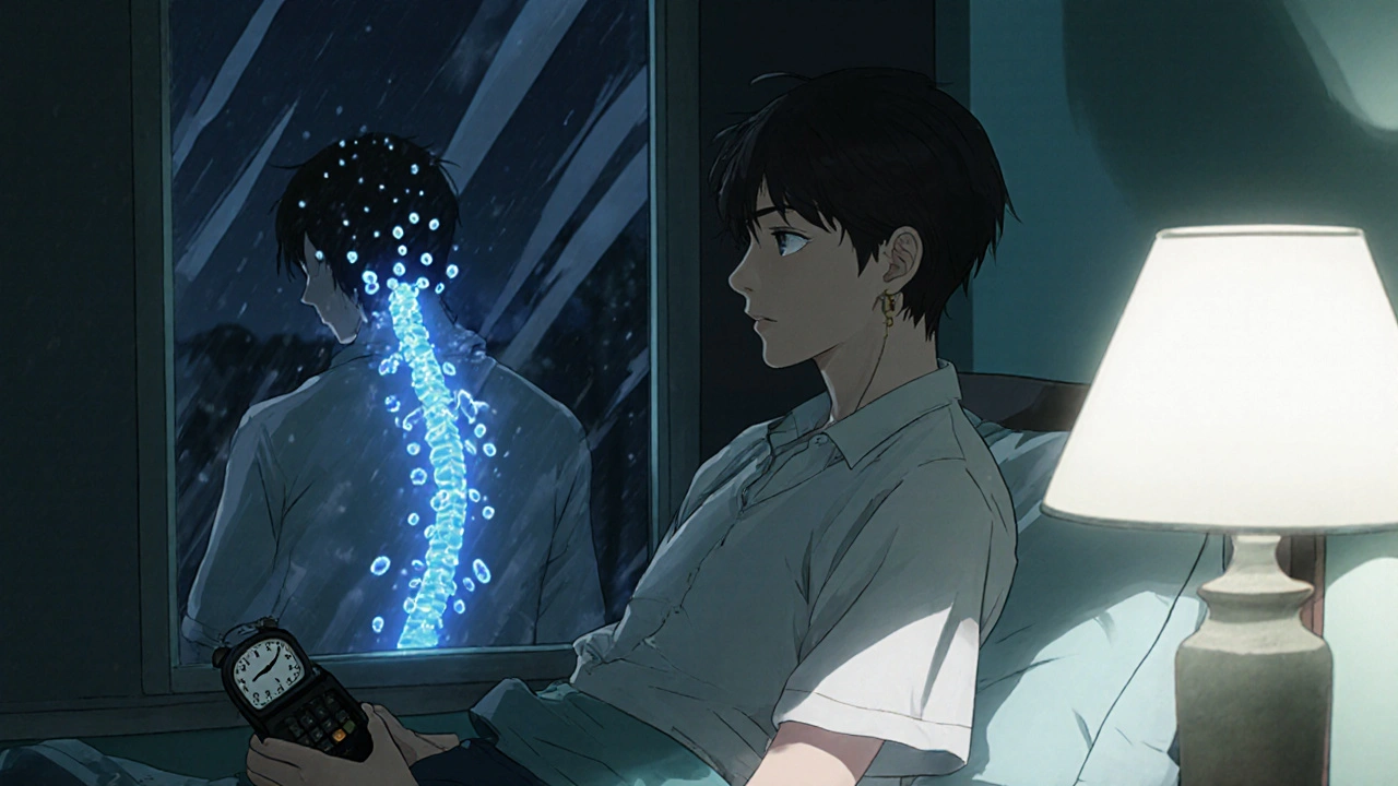 A person at night with pill organizer, viral mutations reflected in the window under dim light.