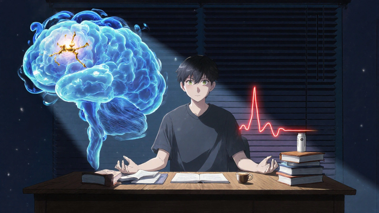 A person meditating at night with a transparent view of brain cells fueled by omega-3s and acetyl-L-carnitine, blocked from caffeine.