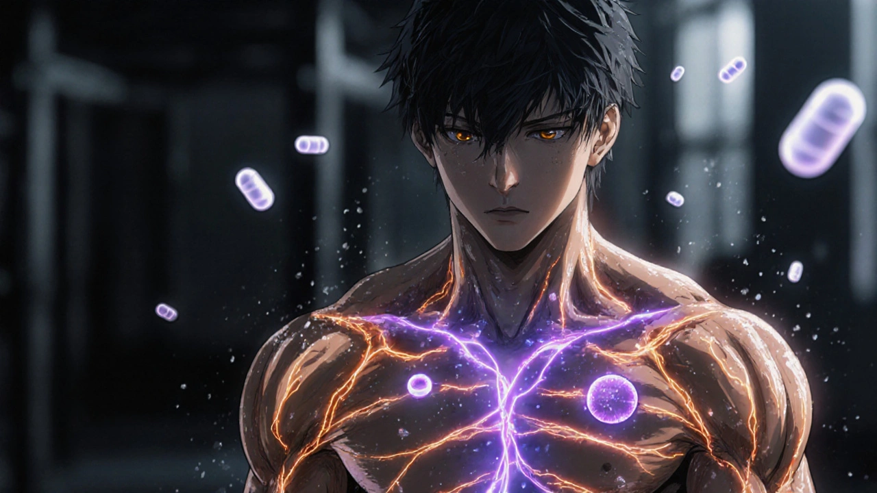 An athlete in motion with energy filaments of acetyl-L-carnitine and CoQ10 powering mitochondria beneath their skin.