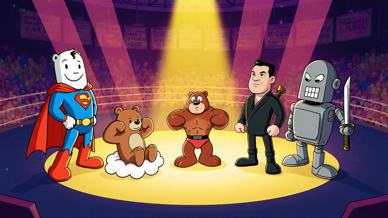 Animated pill characters for various antipsychotics in a playful arena.