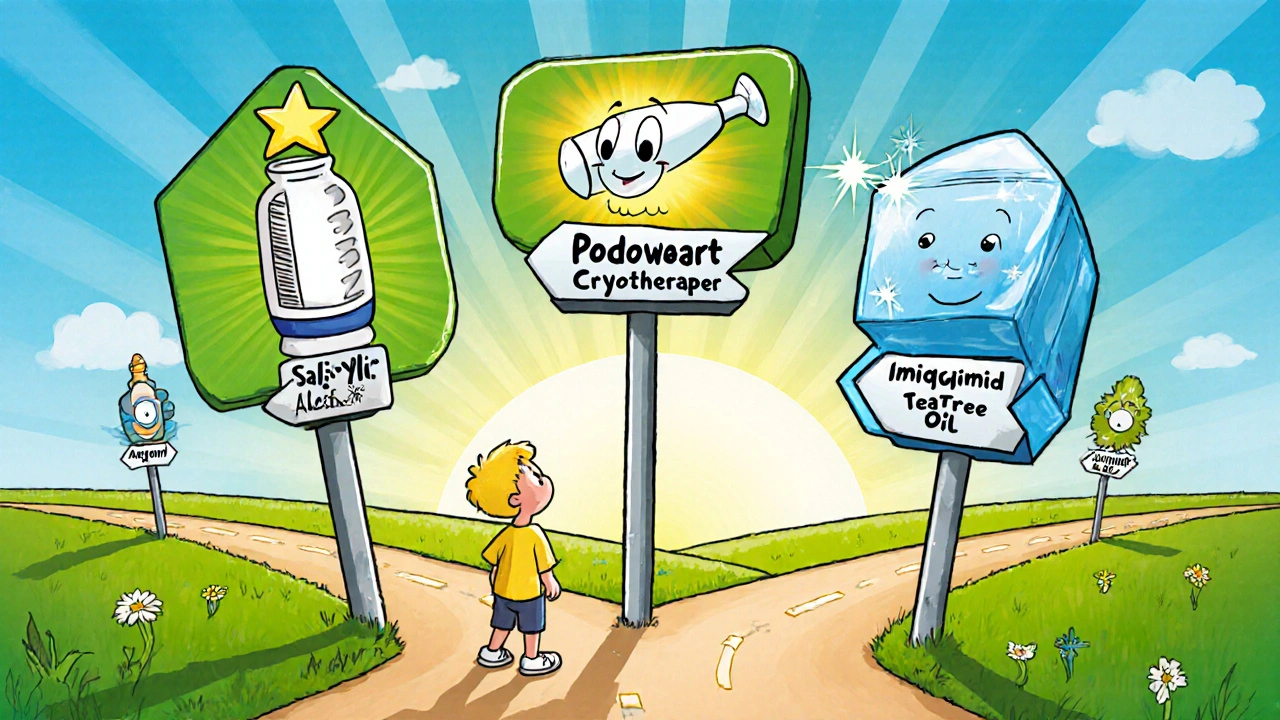 Child at a sunny crossroads chooses between signposts showing Salicylic Acid, Podowart, Cryotherapy, and other treatments.