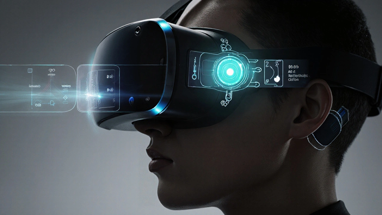 Close‑up of a wearable anti‑motion device on a user&#039;s ear while they use a VR headset, showing adaptive software cues.