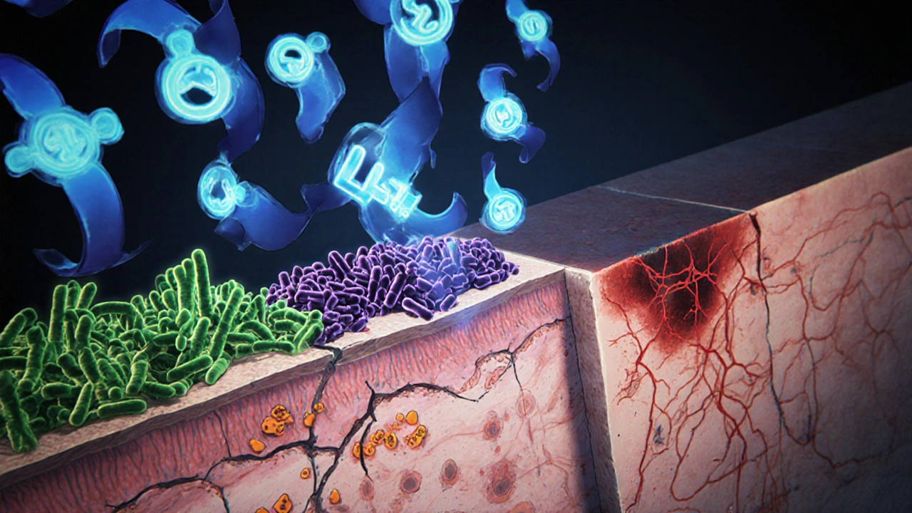 Close‑up of leaky gut and cytokine flow causing skin inflammation.