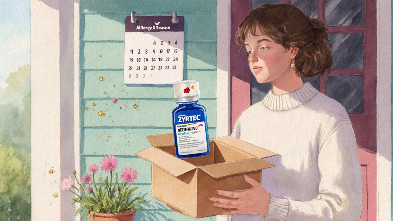 Customer receiving a package with generic Zyrtec bottle marked as safe and affordable.
