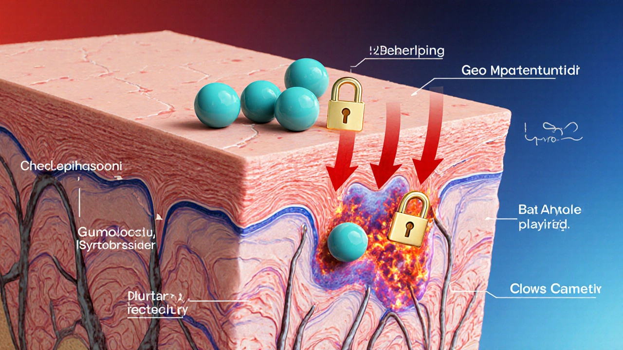 Diagram of betamethasone molecules binding skin cell receptors, reducing inflammation in a skin cross‑section.