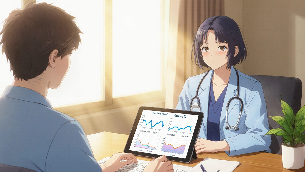 Doctor and patient discuss treatment over a desk with abstract lab results and warm sunlight.