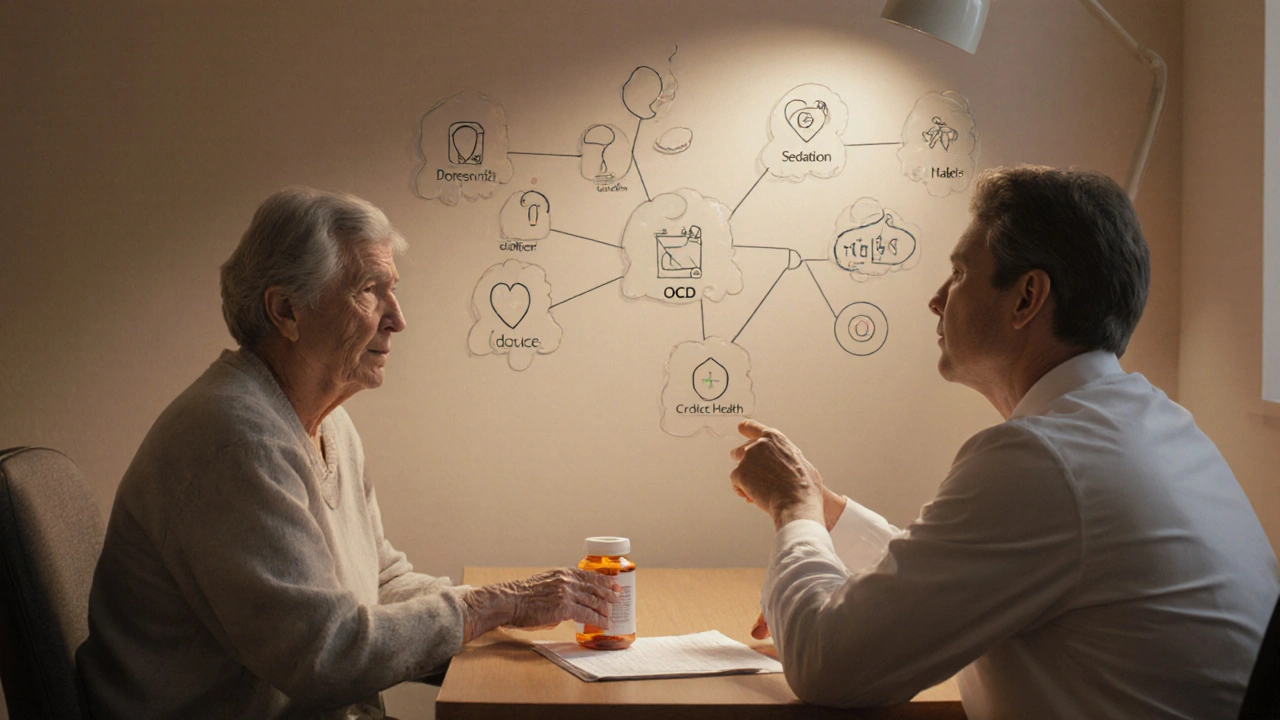 Doctor and patient discussing treatment options with subtle decision‑tree background.