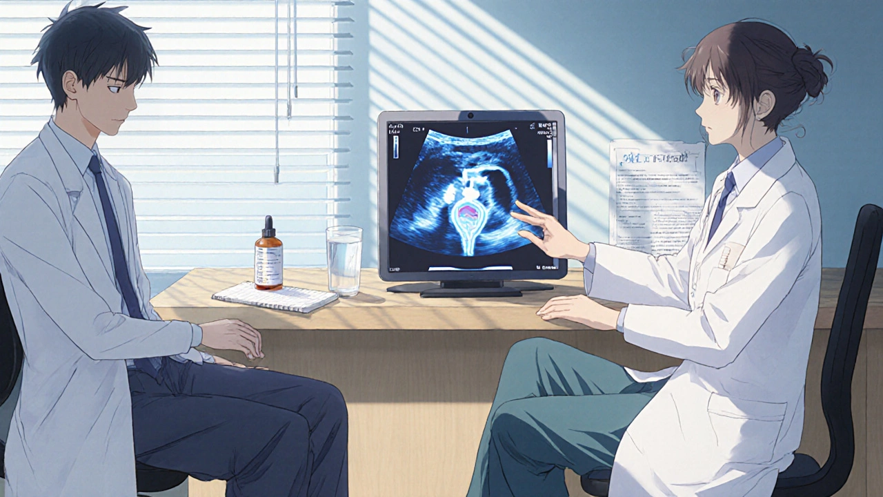 Doctor and patient review bladder ultrasound, with medication bottle on desk.