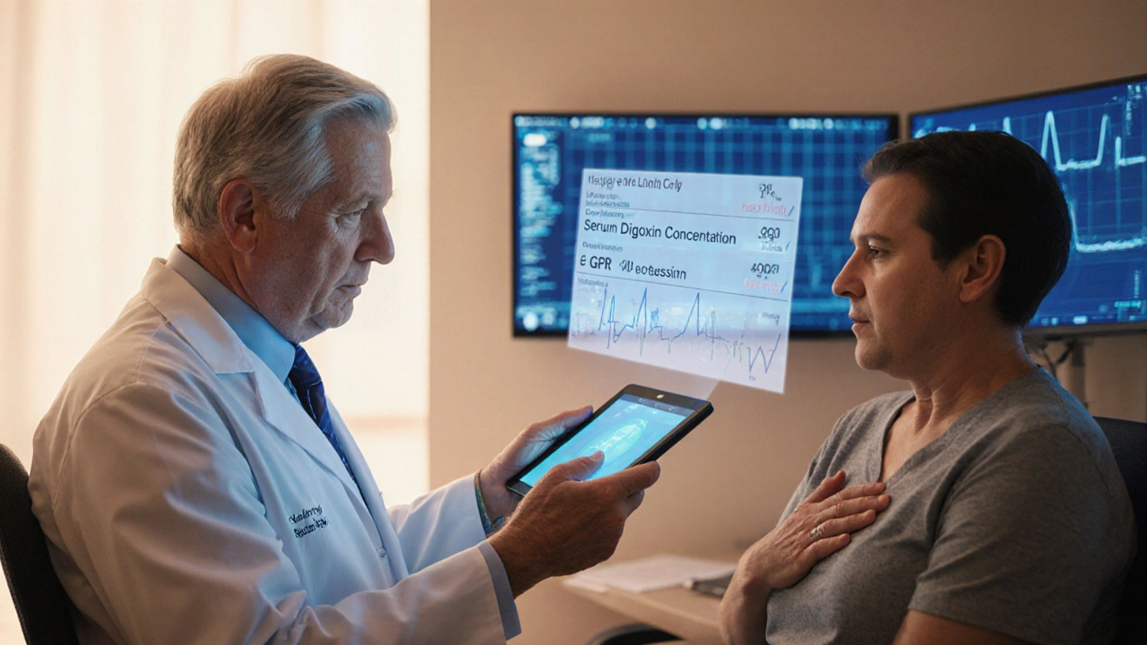 Doctor reviewing digoxin levels and kidney function beside a patient.