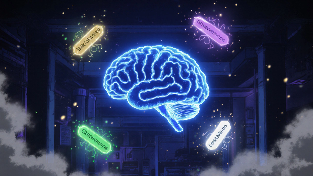 Floating brain with glowing neural pathways and aromatic symbols of herbal compounds.