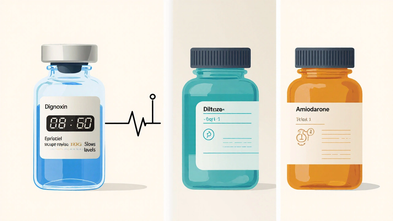 Four medication bottles representing digoxin, atenolol, diltiazem, and amiodarone with mechanism icons.