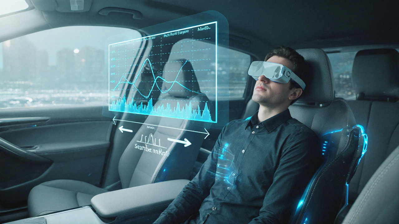 Futuristic car interior with AI‑driven seats adjusting and holographic motion predictions, a relaxed passenger.