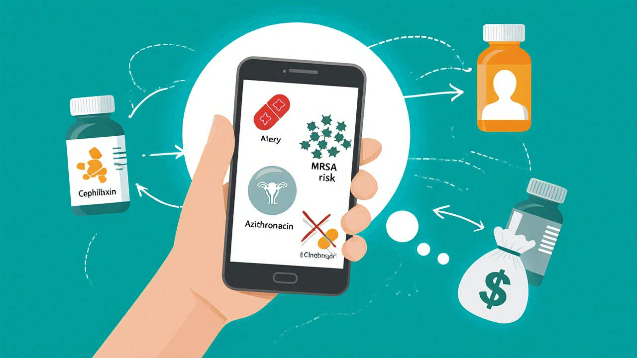 Hand holding phone with icons for allergy, MRSA, pregnancy, and cost pointing to antibiotic choices.