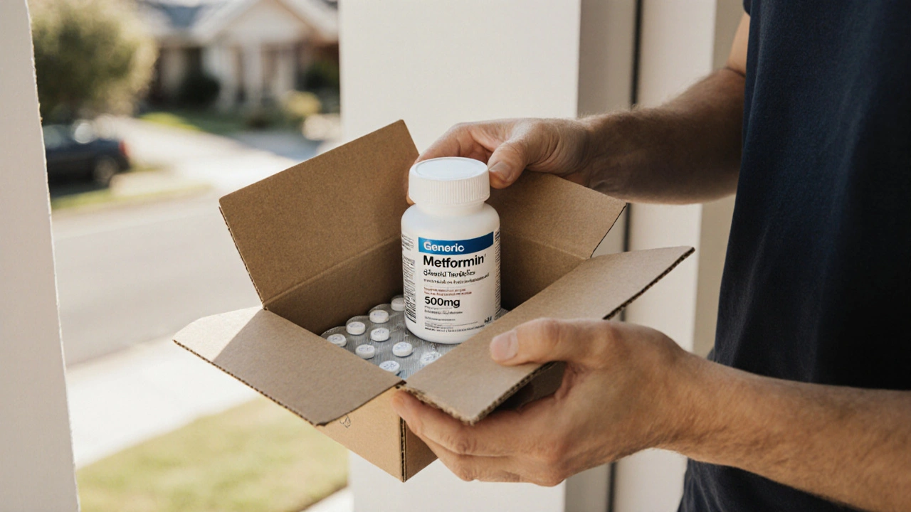 Hand opening a box to reveal Metformin tablets with a 500 mg imprint.