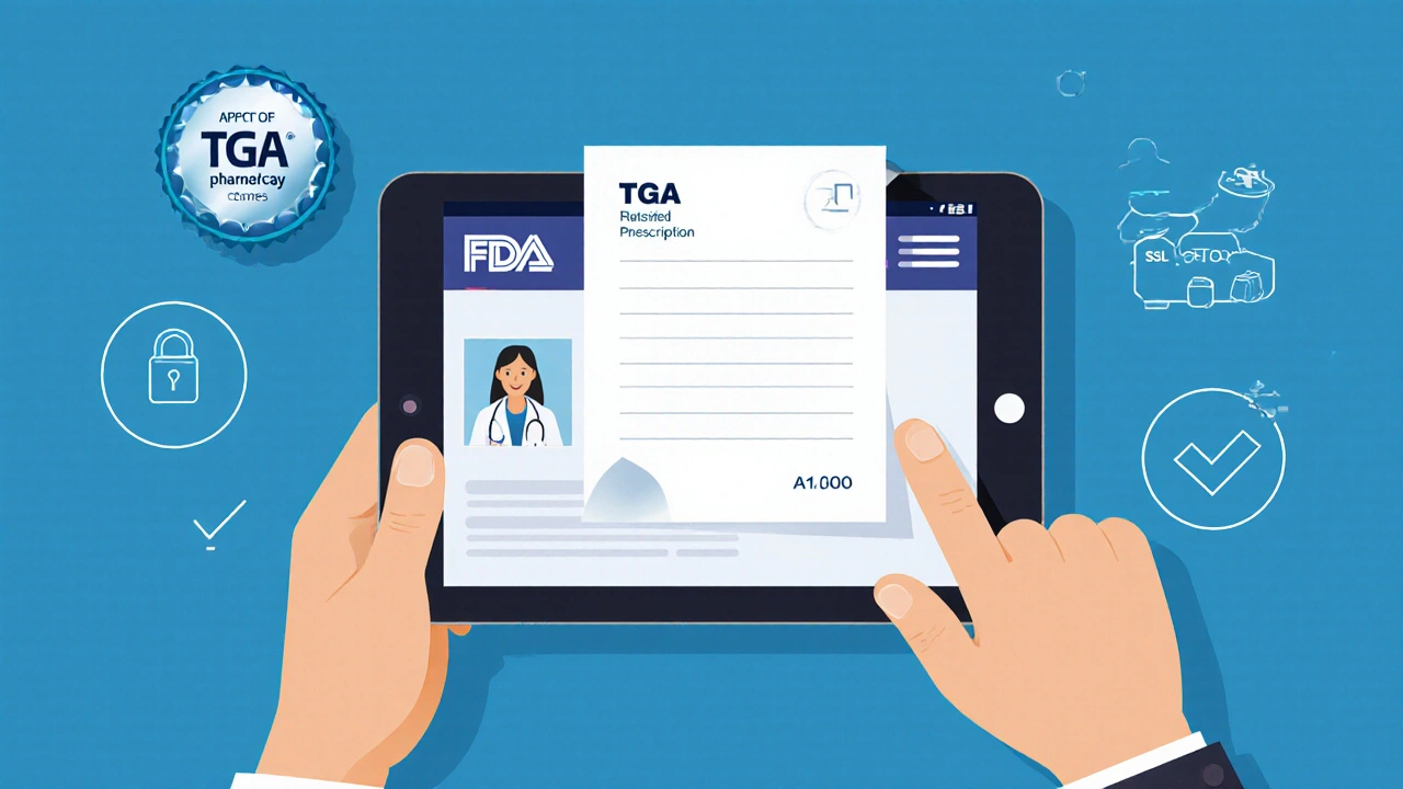 Hands holding prescription next to tablet showing TGA and FDA seals, doctor on video call.