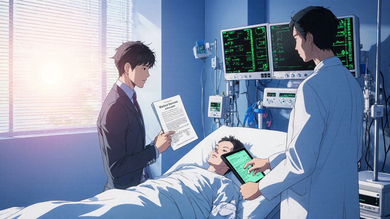 Health‑care agent discusses medication decisions with a doctor in an ICU, holding a form.