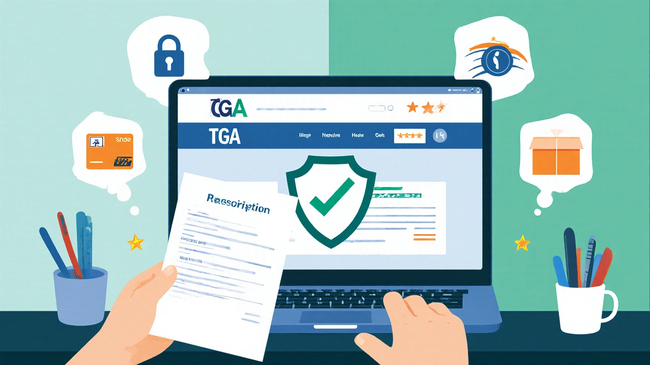 Illustration of a hand holding a prescription beside a laptop displaying secure pharmacy icons and payment symbols.