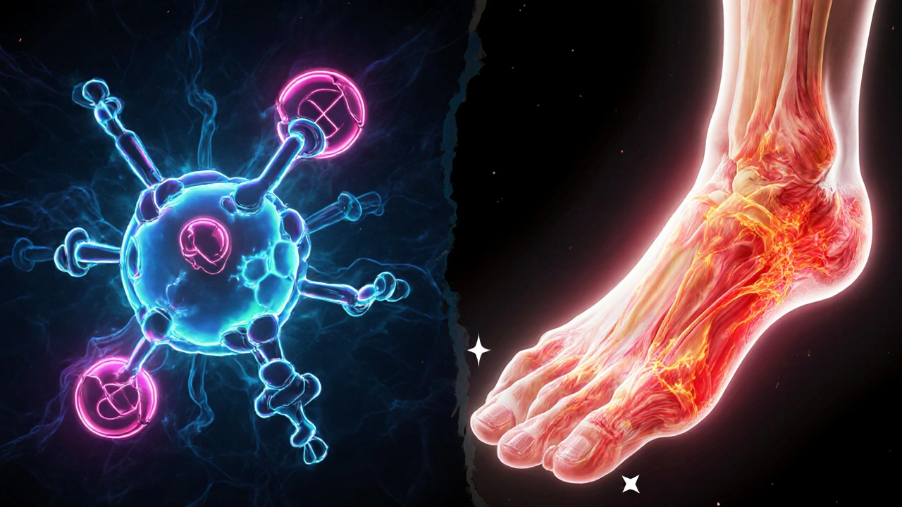 Illustration of aspirin blocking COX enzymes beside an inflamed foot's plantar fascia.