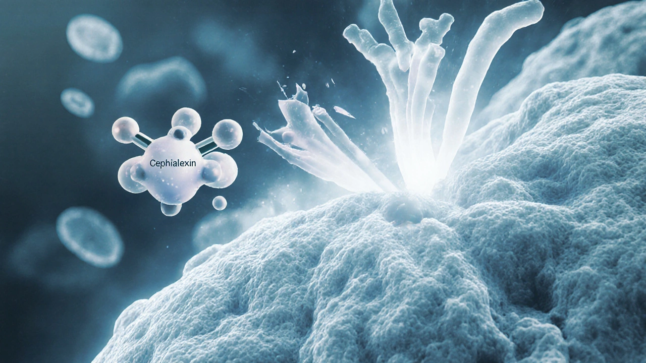 Illustration of bacterial cells bursting as Cephalexin blocks cell wall formation.