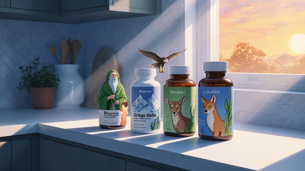 Kitchen countertop with supplement bottles and subtle spirit avatars representing each herb.
