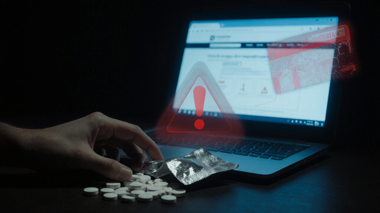 Moody scene of an opened parcel with broken seal, spilling tablets, and warning symbols suggesting a fraudulent pharmacy.