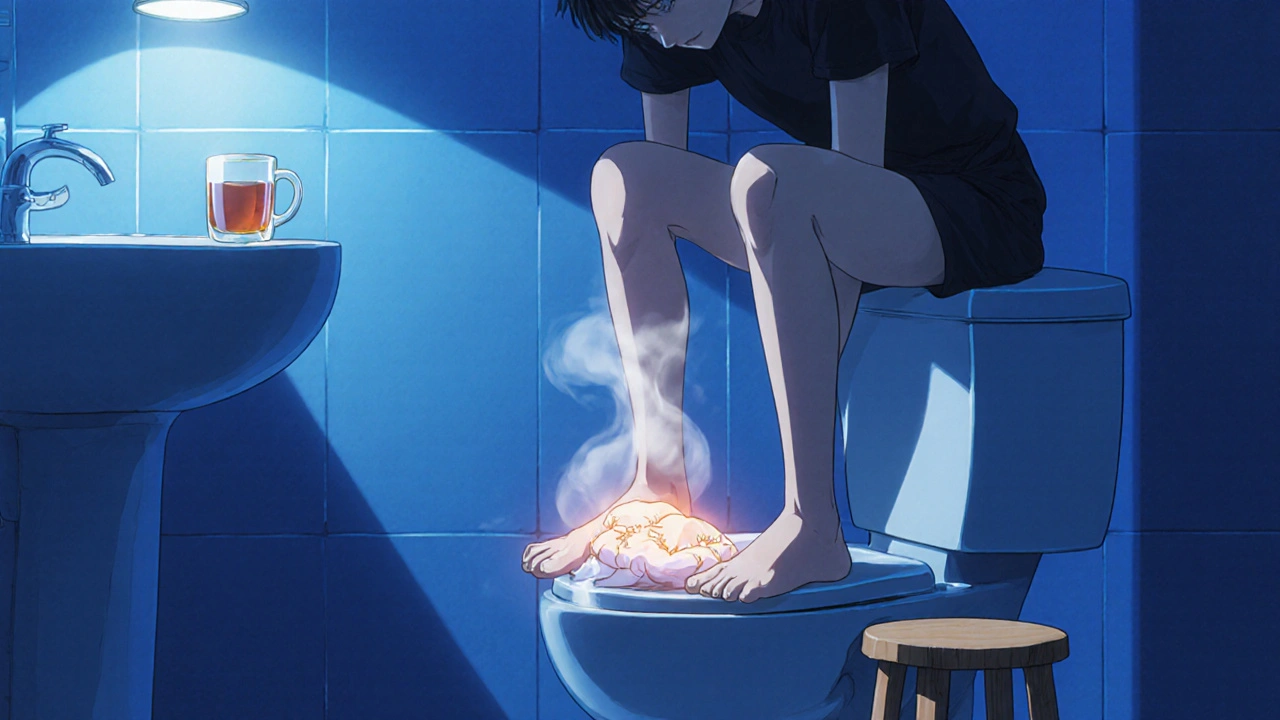 Nighttime bathroom scene with warm compress on abdomen and chamomile tea.