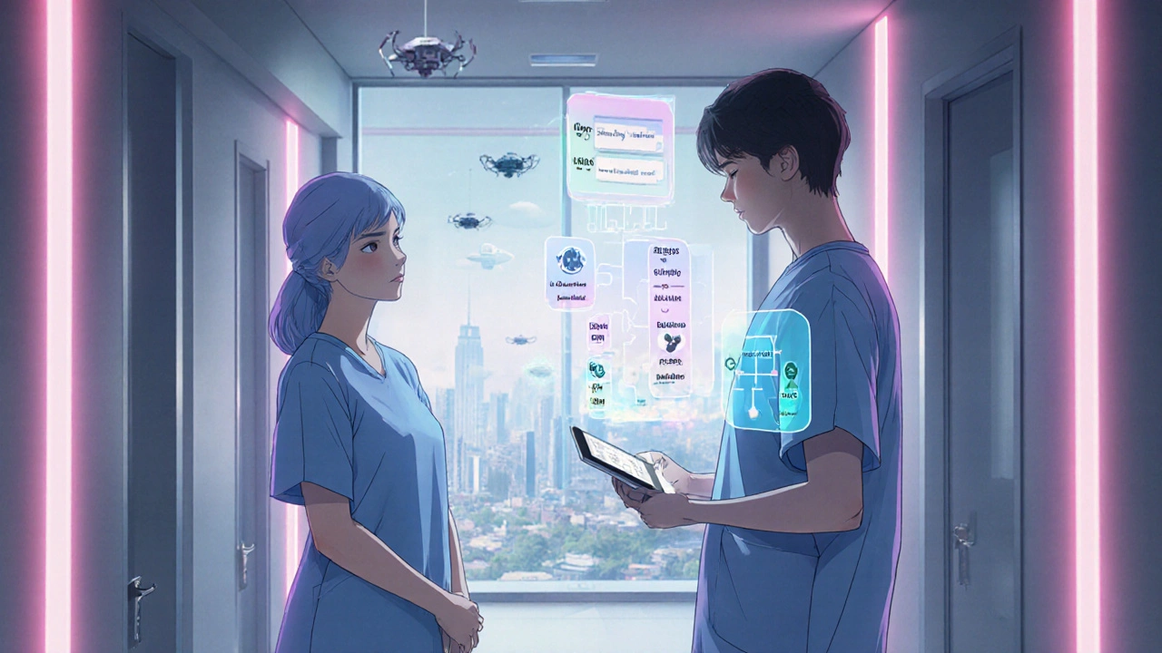 Patient consulting a holographic AI nurse about immunosuppressant choices in a futuristic clinic.