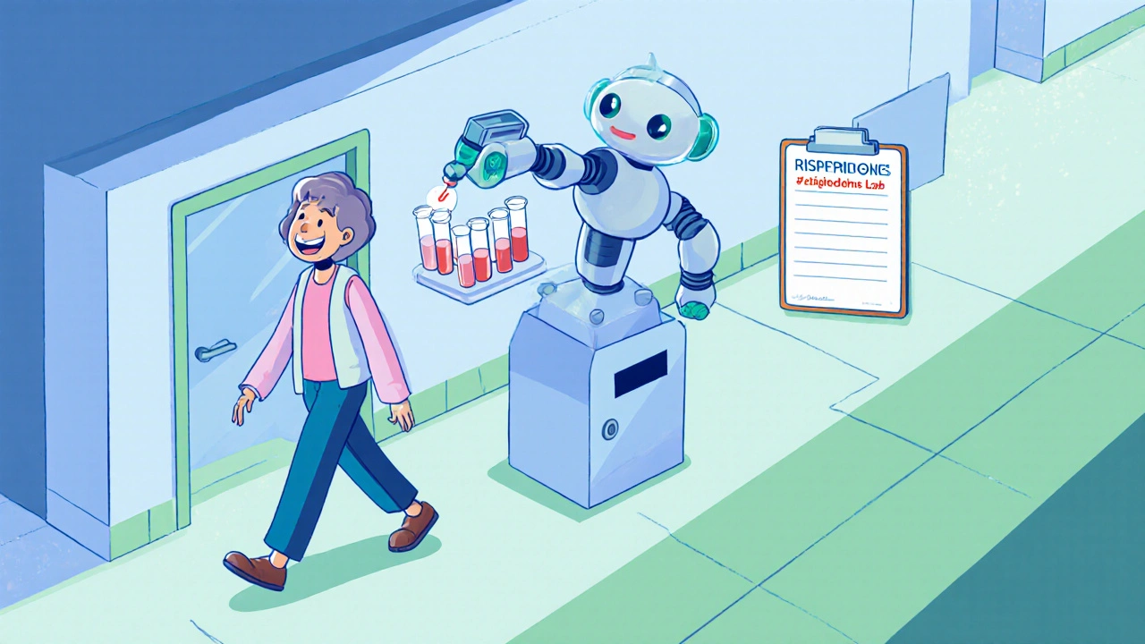 Patient receives a monthly injection while labs and scale float nearby.