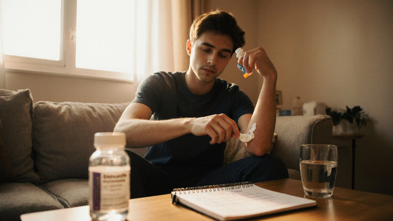 Person applying Betnovate to elbow on couch, with prescription bottle and tapering notes nearby.