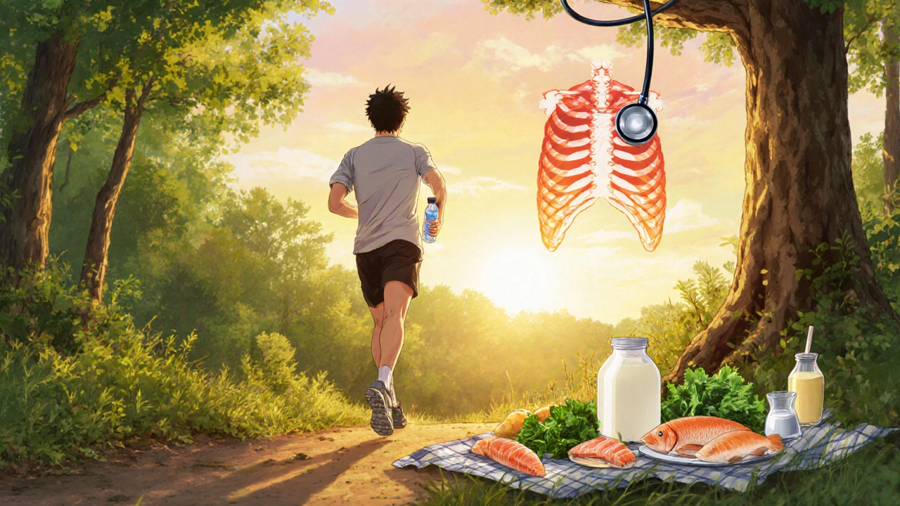 Person jogging at sunrise with calcium‑rich foods and a bone scan silhouette, depicting healthy lifestyle.
