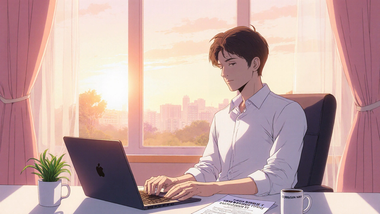 Person reviews their Medical Power of Attorney at home, surrounded by a laptop and sunset light.