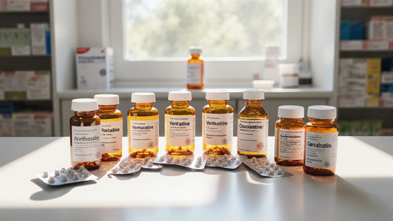 Pharmacist counter with assorted antidepressant bottles and one Clofranil bottle.