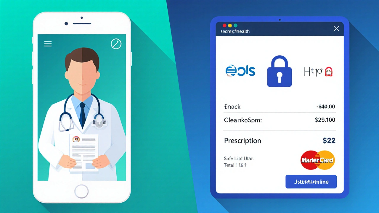 Smartphone telehealth video and tablet showing a secure online checkout.