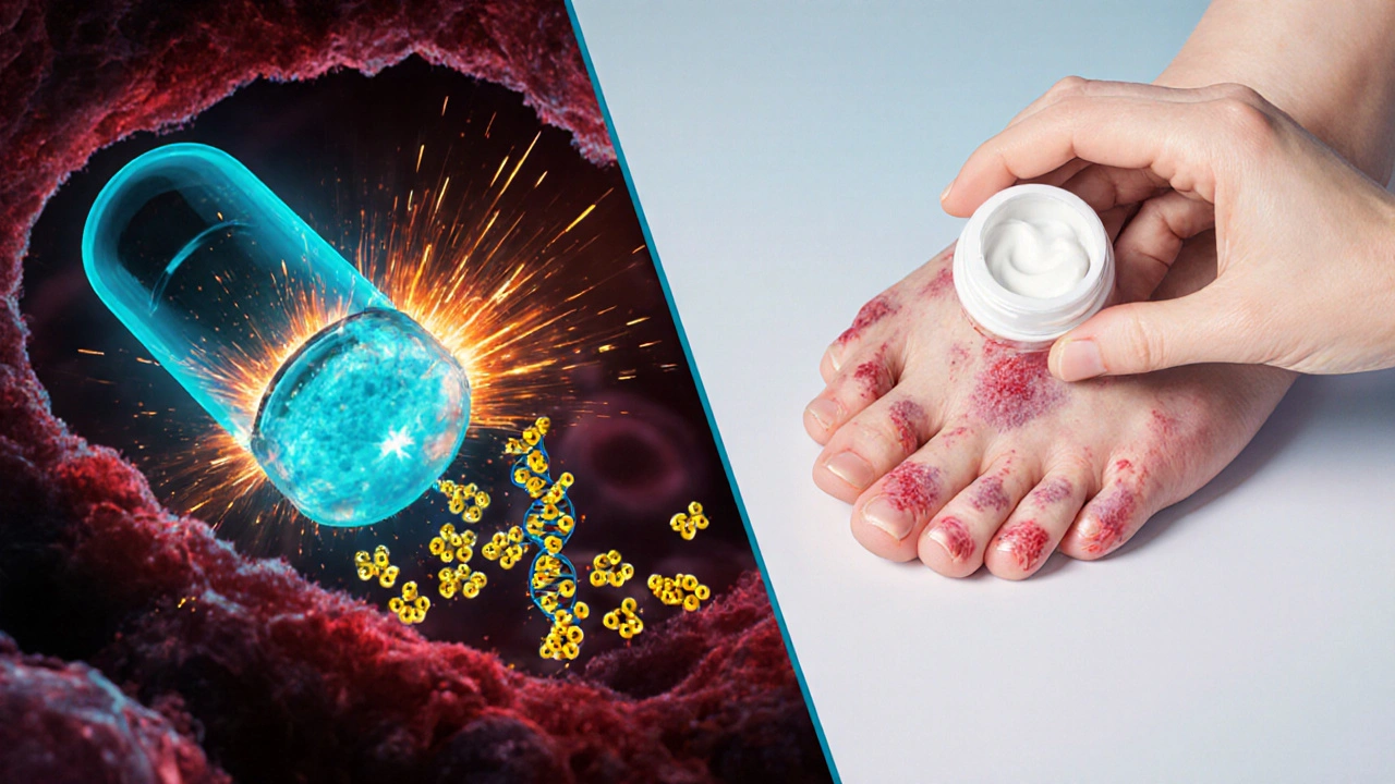 Split illustration of capecitabine entering a tumor cell and a hand/foot showing red‑purple side effects.