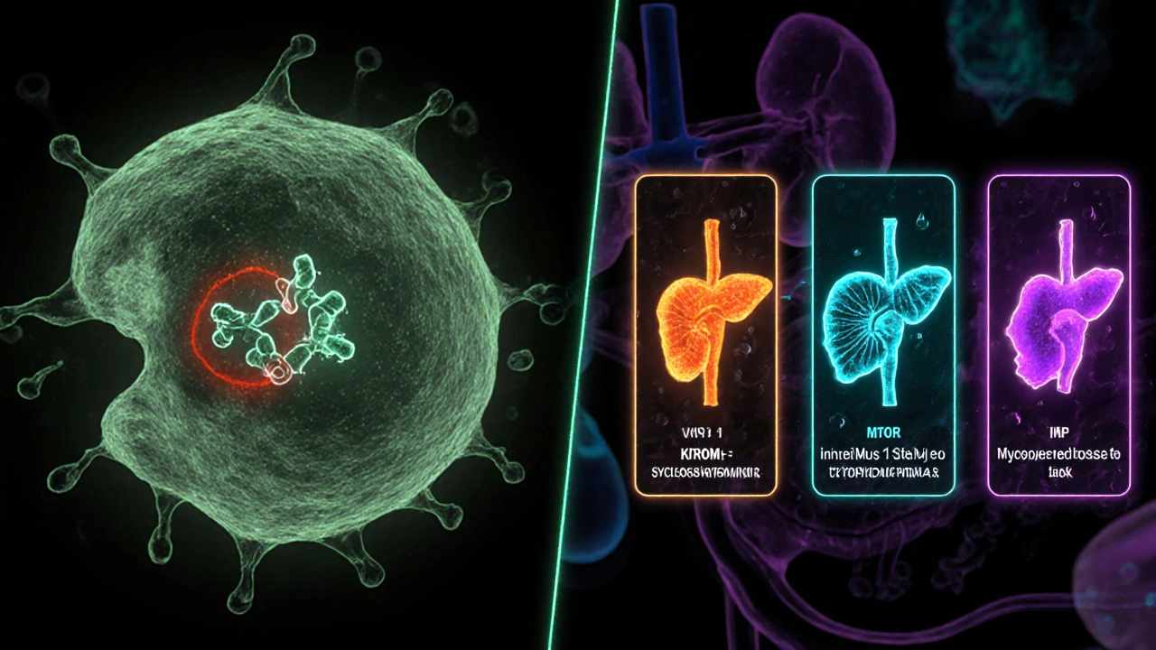 Split scene illustrating cyclosporine and three alternatives with their mechanisms.