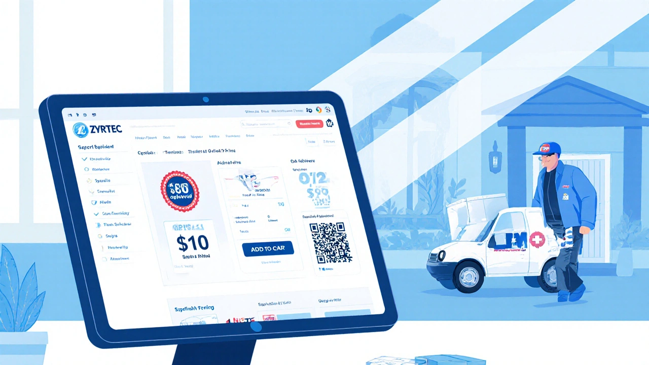 Tablet showing online pharmacy dashboard with TGA badge and courier delivering a package.