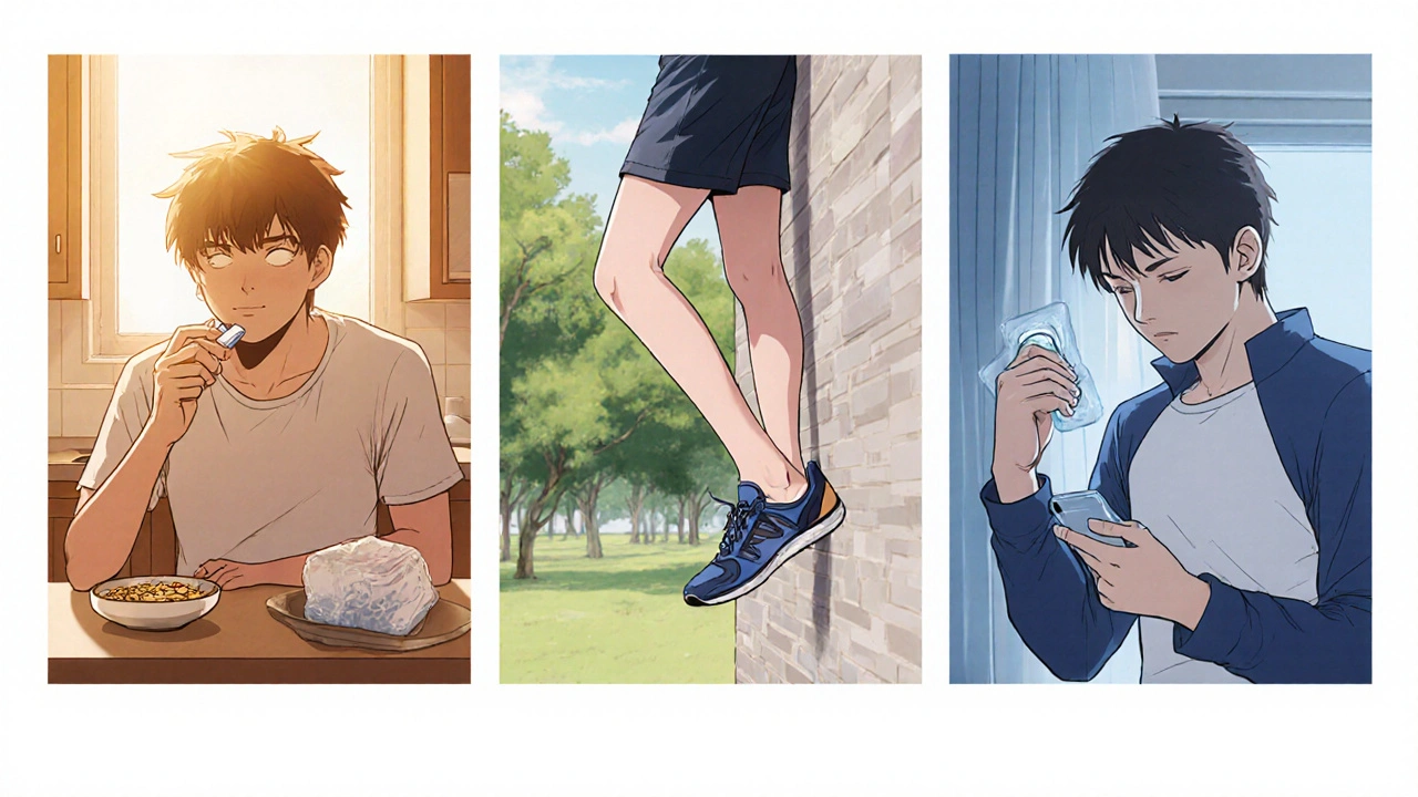 Three panels showing aspirin intake, calf stretch, and ice pack on heel in daily routine.