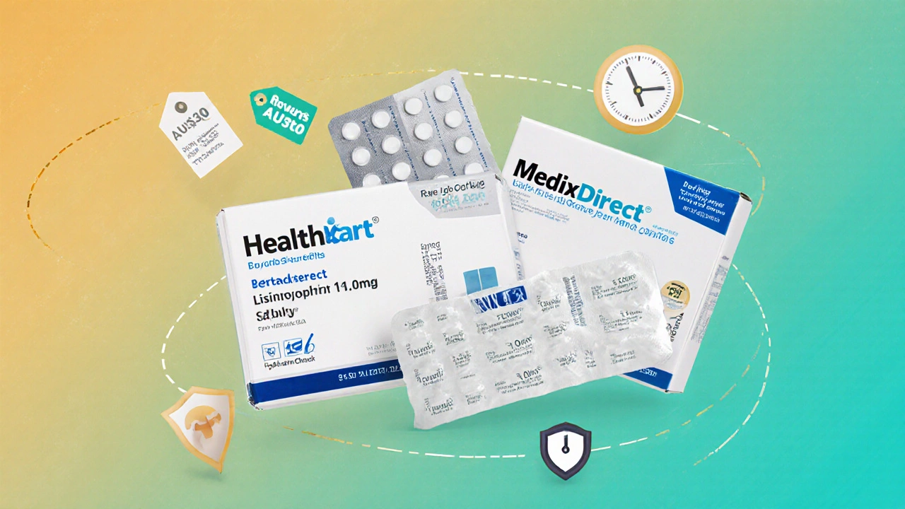 Three parcels labeled HealthKart, MedixDirect, PharmaCheck open to show lisinopril blister packs.