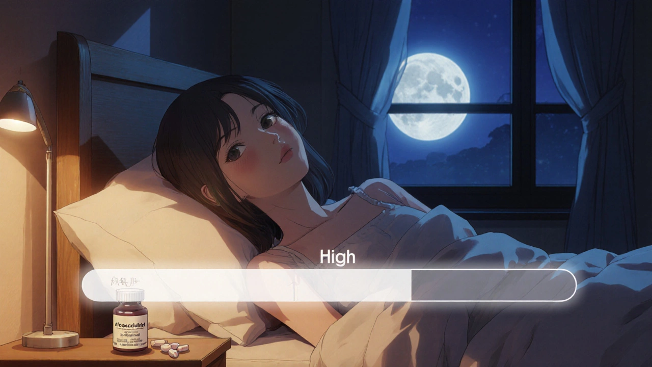 Woman resting in bed at night, alfacalcidol bottle on nightstand, pain scale visualized decreasing.