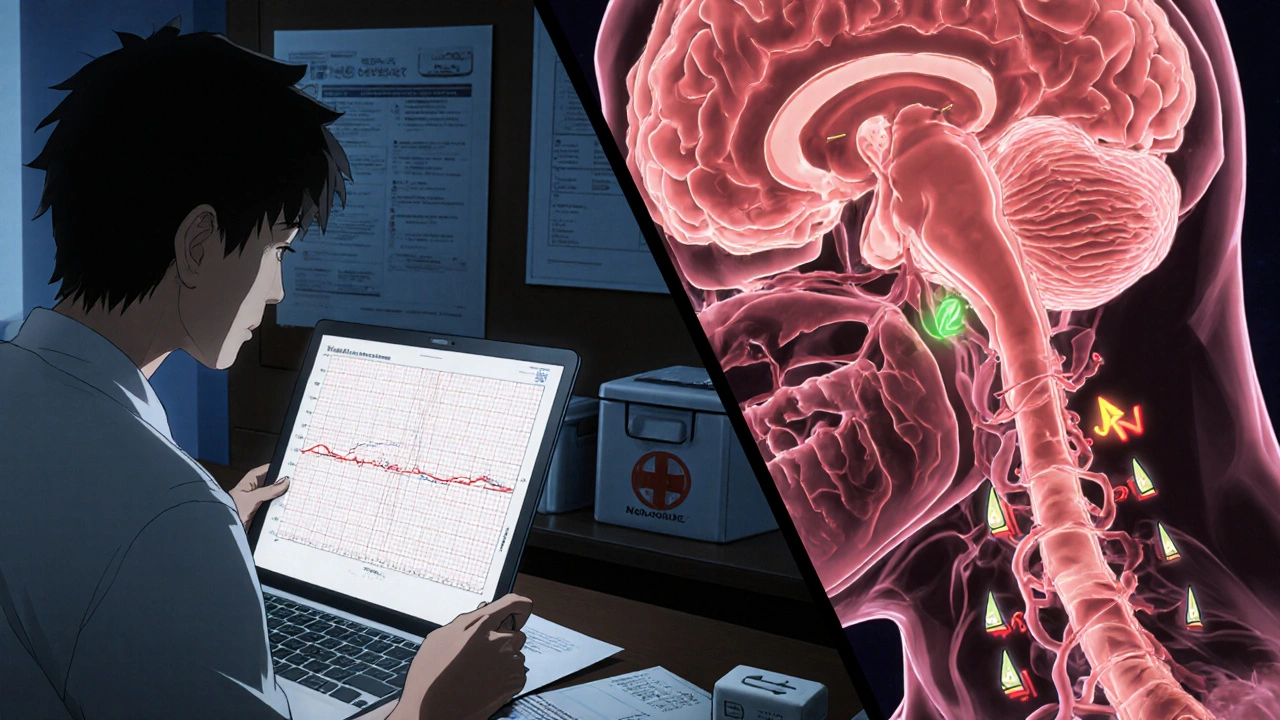 A brainstem illuminated with opioid molecules disrupting respiratory signals, shown beside a sleep study graph.