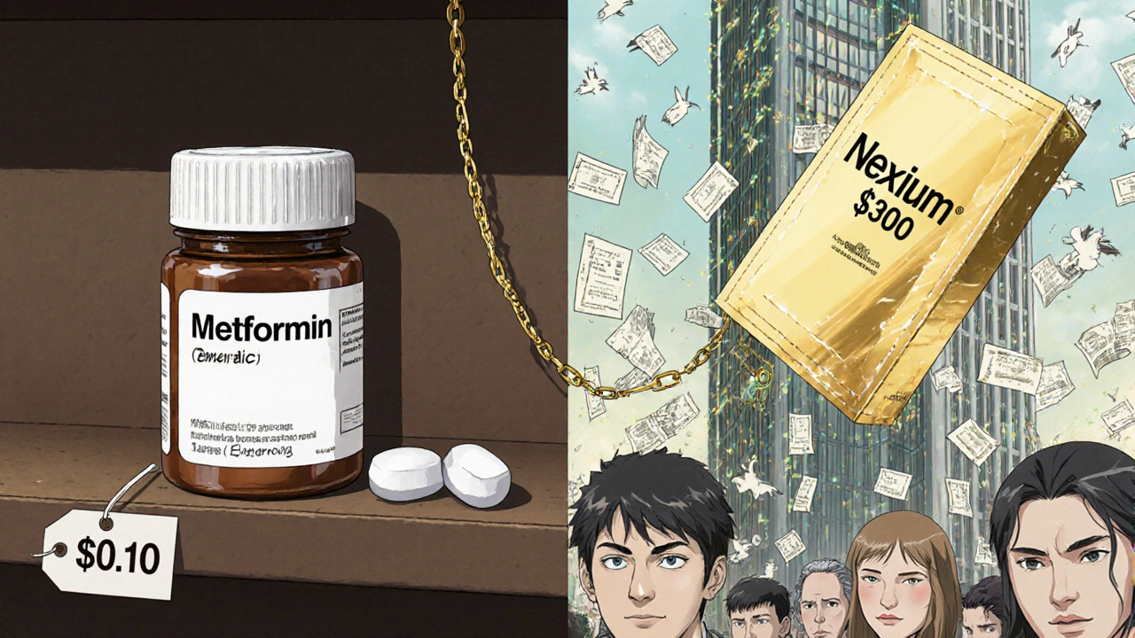 A cheap generic pill contrasts with an expensive branded version connected by a golden chain of evergreening.