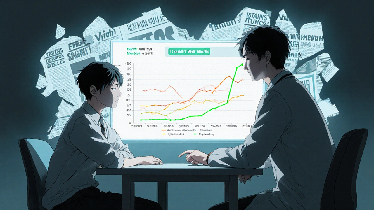 A doctor and patient viewing a digital dashboard that reveals identical pain patterns on statin and placebo days.