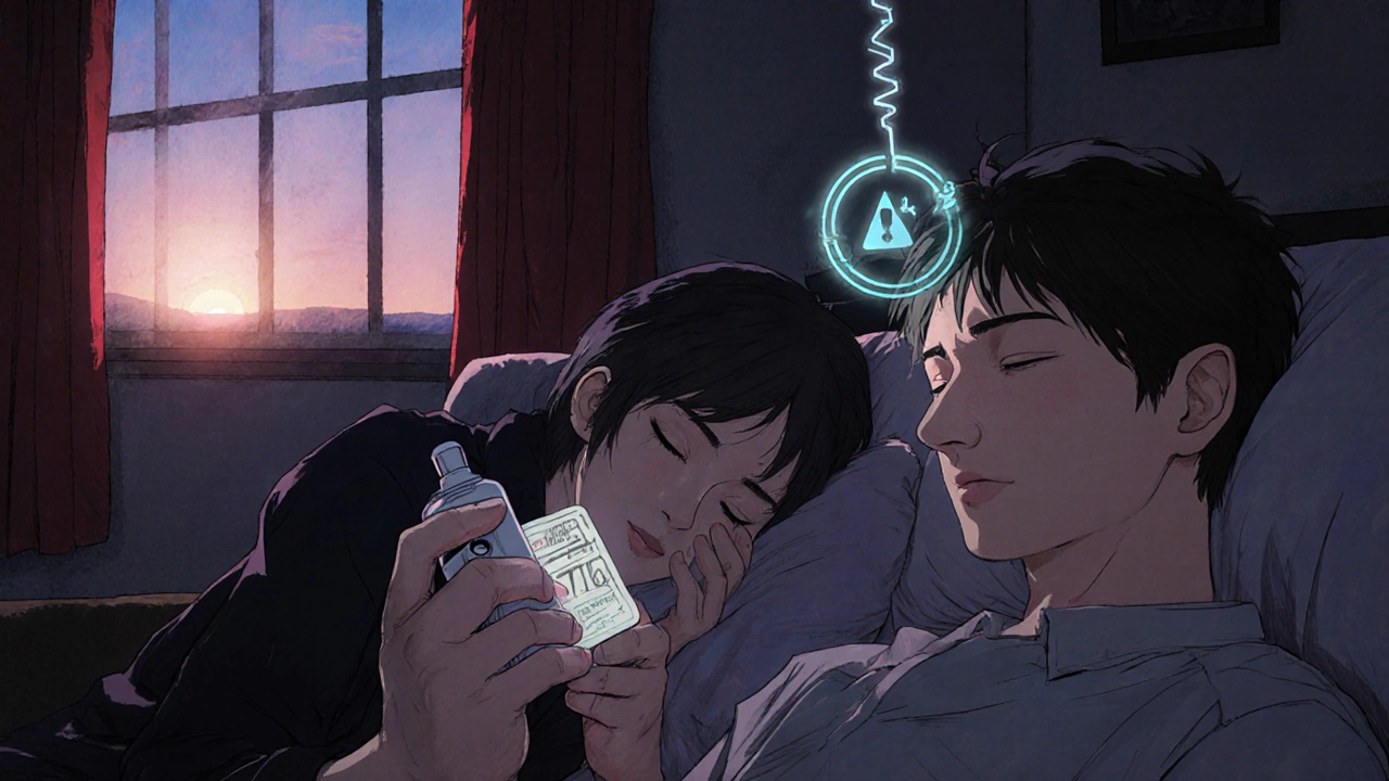 A family with a naloxone kit beside a sleeping person whose oxygen monitor has flatlined, genetic warning glowing above.