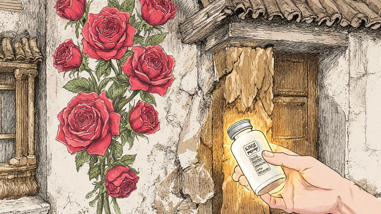 A human body as a house with crumbling golden foundation beams, being repaired by a glowing bioidentical progesterone vial.