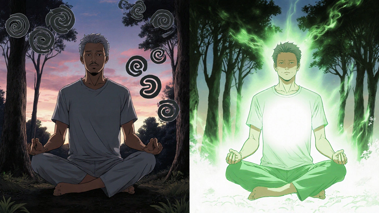 A man meditating in nature, stress draining from his body as healing progesterone light restores his inner balance.