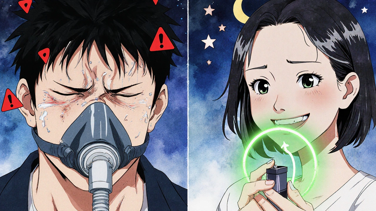 A man struggles with a bulky CPAP mask while a woman smiles with a sleek oral appliance, symbolizing comfort.