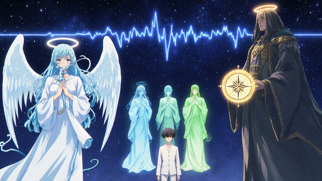 A patient chooses between three therapy paths—CPAP, oral appliance, and positional therapy—in a surreal sleep clinic.