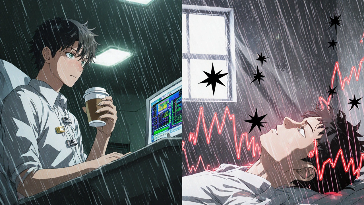 A patient in a hospital undergoing a stress test while caffeine disrupts heart rhythms, causing collapse.