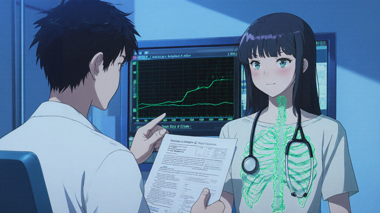 A patient receiving blood test results showing healing intestines and improved bone density in a clinic.