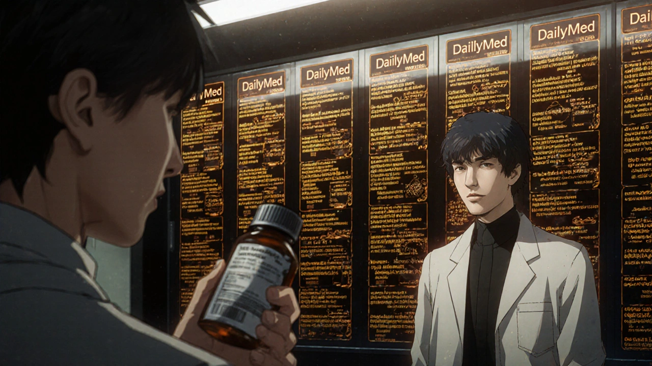 A pharmacist facing a wall of official FDA drug labels from DailyMed, with technical data glowing in a clinical environment.